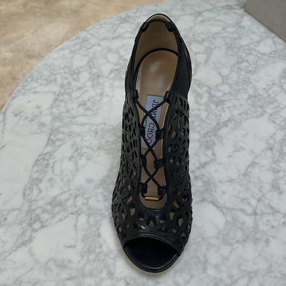 Jimmy Choo Nappa /Shiny Fab Black Laser Cut Peep Toe Bootie.  NEW. 38 - Picture 3 of 8